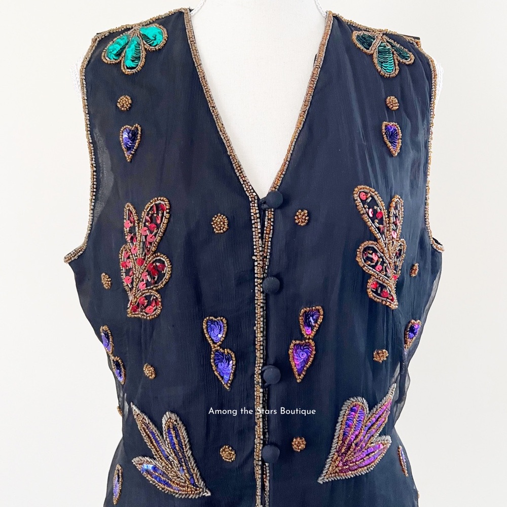 Rare 90s Vintage Embellished Sequin & Beaded Silk Vest ASO Phoebe in Friends - Picture 9 of 14